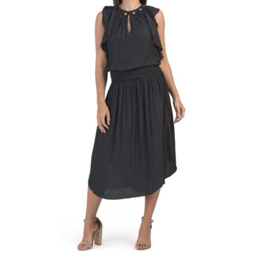 Ramy Brook Wrenn Embellished Blouson Midi Dress Size M Navy Satin Flutter Sleeve